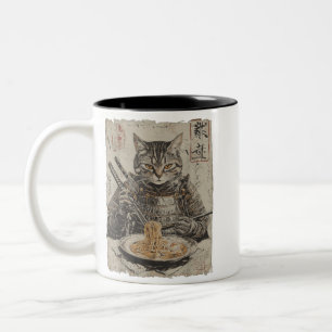 Samurajkatten älskar Ramen Rolig Anime Japansk kon Två-Tonad Mugg