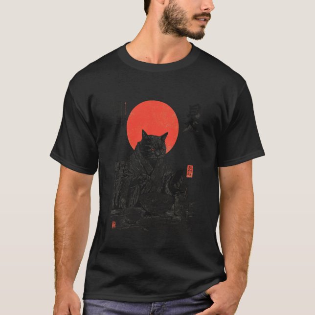 Samurajkatten äter Ramen Scroll Telefon Japansk ma T Shirt (Framsida)