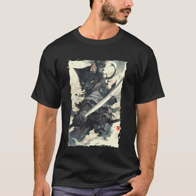 Samurajkatten - Japan Warrior Katana Power T Shirt (Framsida)