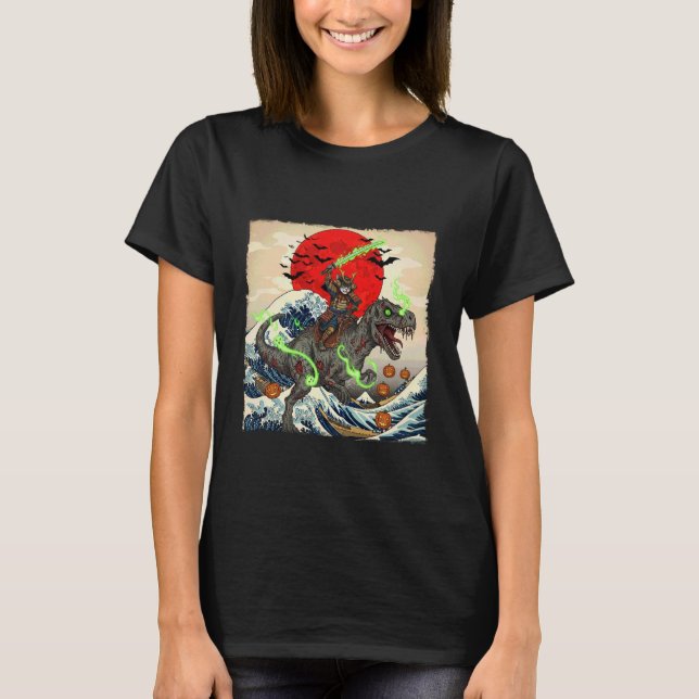 Samurajkatten vs Zombie Dinosaur Spooky Ukiyo-e Ha T Shirt (Framsida)