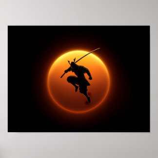 Samurajkrigares silhuett mot orange sol poster