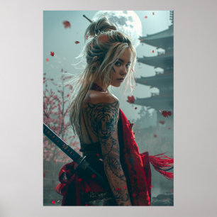 Samurajkvinnlig krigare med katana — Japansk kultu Poster