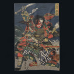 Samurakrigarna Tadanori och Noritsune Kökshandduk<br><div class="desc">Katsukawa: 1818. Vintage japansk utskrift visar två samuraikrigare som slåss på stranden eller stranden till en flod. Färg träsnitt av Katsukawa Shuntei,  1818. Ukiyo-e har digitalt återställts och förbättrats för utskrift.</div>