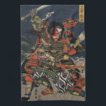 Samurakrigarna Tadanori och Noritsune Kökshandduk<br><div class="desc">Katsukawa: 1818. Vintage japansk utskrift visar två samuraikrigare som slåss på stranden eller stranden till en flod. Färg träsnitt av Katsukawa Shuntei,  1818. Ukiyo-e har digitalt återställts och förbättrats för utskrift.</div>