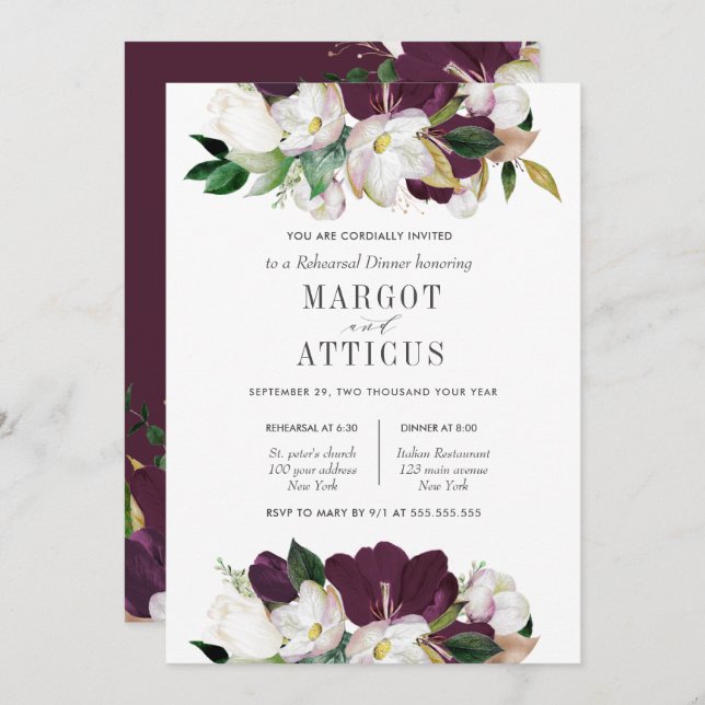 Samvet Magnolia Flower Bröllop Rehearsal Dinner Inbjudningar (Fram/baksida)