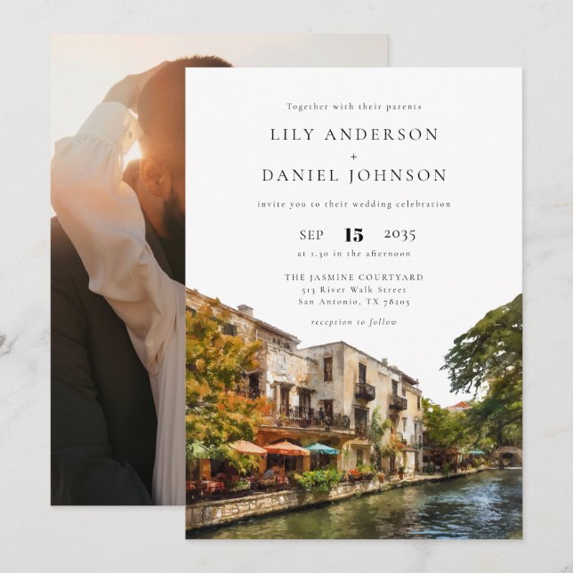 San Antonio Destination Elegant Photo Wedding Inbjudningar (Fram/baksida)