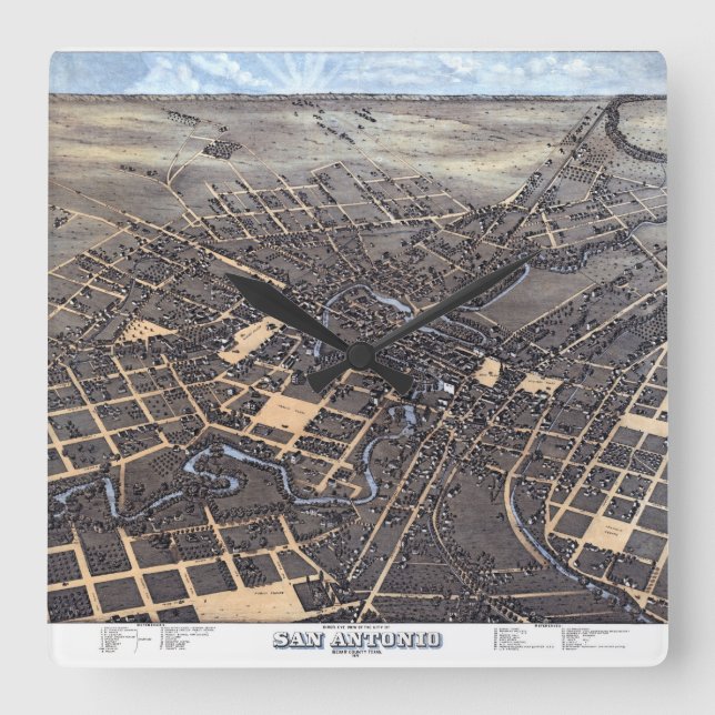 San Antonio, Texas, Antique Aerial City Karta, 187 Fyrkantig Klocka (Framsida)