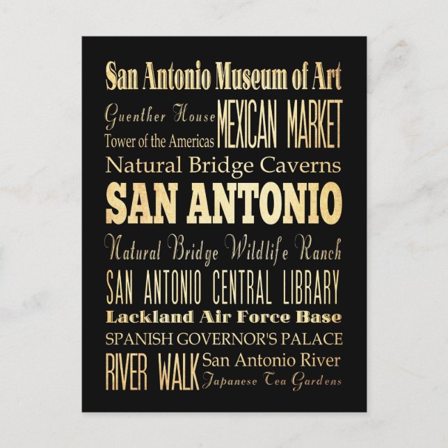 San Antonio Texas City State Typography Art Vykort (Framsida)