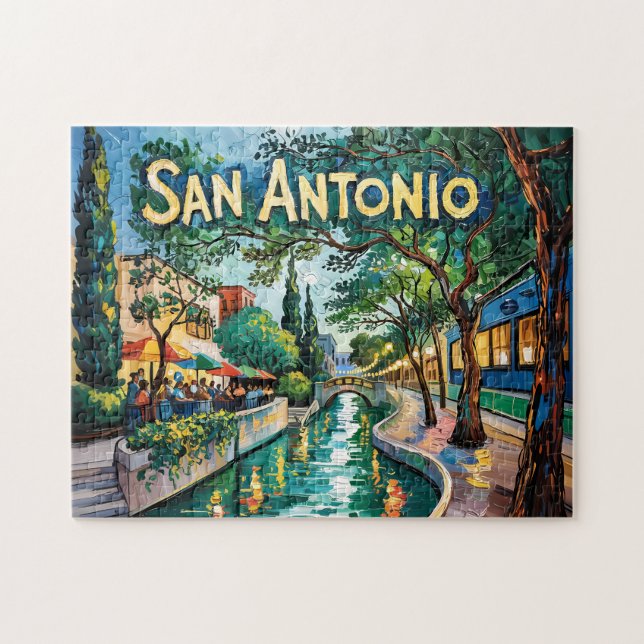 San Antonio Texas River Walk Van Gogh Levande Stad Pussel (Horisontell)