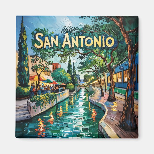 San Antonio Texas River Walk Van Gogh Livlig Stad Magnet (Framsidan)