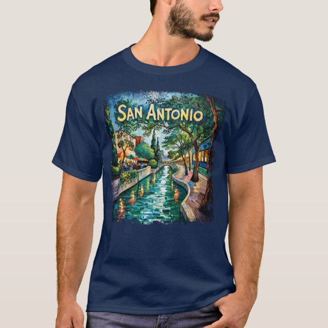 San Antonio Texas River Walk Van Gogh Vibrant City T Shirt (Framsida)