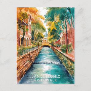 San Antonio, Texas, Rivergång Watercolor Painting Vykort
