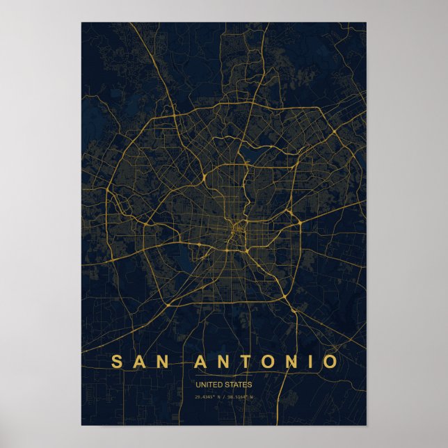 San Antonio Texas Stiliserad Karttryck Poster (Framsidan)