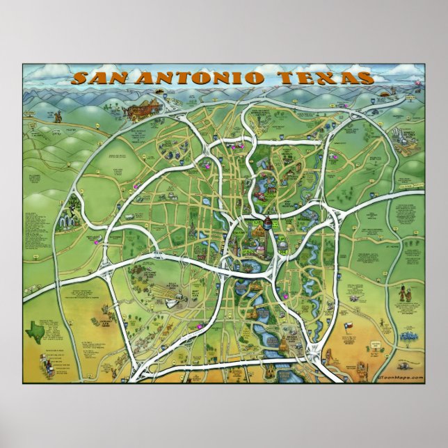 San Antonio Texas Tecknad Karta Poster (Framsidan)