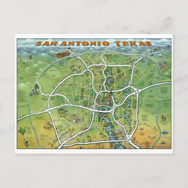 San Antonio Texas Tecknad Karta Vykort (Framsida)