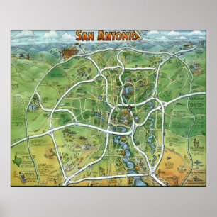 San Antonio Texas tecknadkarta Poster