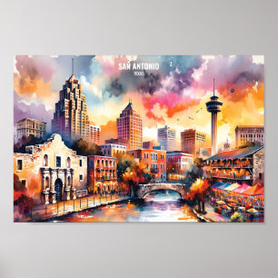 San Antonio Texas USA Travel Ställe, vattenfärg Poster