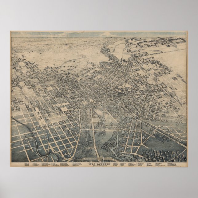 San Antonio TX Birds Öga Panoramic Karta 1886 Poster (Framsidan)