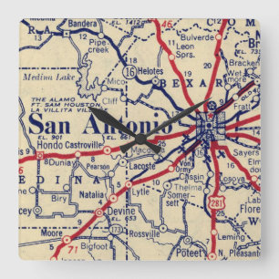 San Antonio Vintage Karta Fyrkantig Klocka