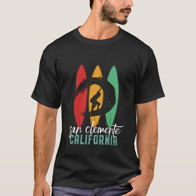 San Clemente Beach California Retro Surfing T Shirt (Framsida)