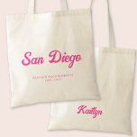 San Diego Bachelorette Party Personlig Tote Tygkasse<br><div class="desc">Få party att börja med San Diego-personligen för retro-rosa. Det här trendiget är utformat så att du får en Bachelorette-stad i ett snyggt-återbildningsteckensnitt,  med gott om utrymme för anpassning med bridens namn och datum. Perfekt lägger till lite roligt och fläkt i din händelse.</div>