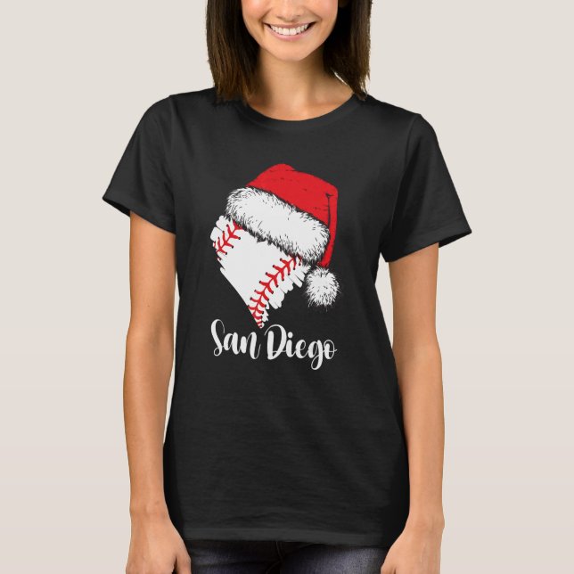 San Diego Baseball Heart Santa Hat Merry Xmas T Shirt (Framsida)