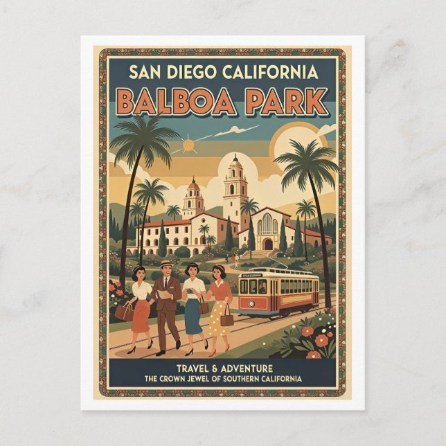 San Diego CA Balboa Park Retro 1950s Vykort (Framsida)