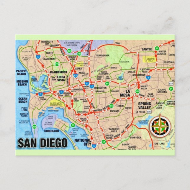 San Diego CA Kartkortskarta Vykort (Framsida)