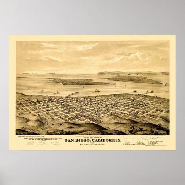 San Diego, CA Panoramic Karta - 1876 Poster (Framsidan)