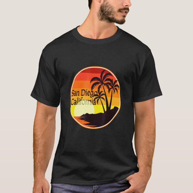San Diego, CA Sunset, Handflatan Träd, Beach, Tour T Shirt (Framsida)