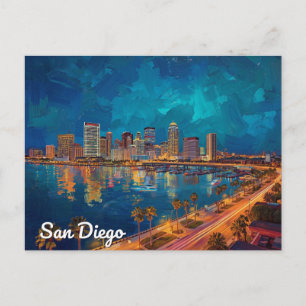 San Diego CA Vattenfront Stad Konst Vykort