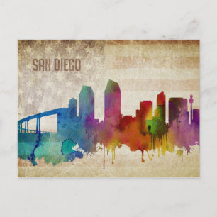 San Diego, CA   Watercolor City Skyline Vykort