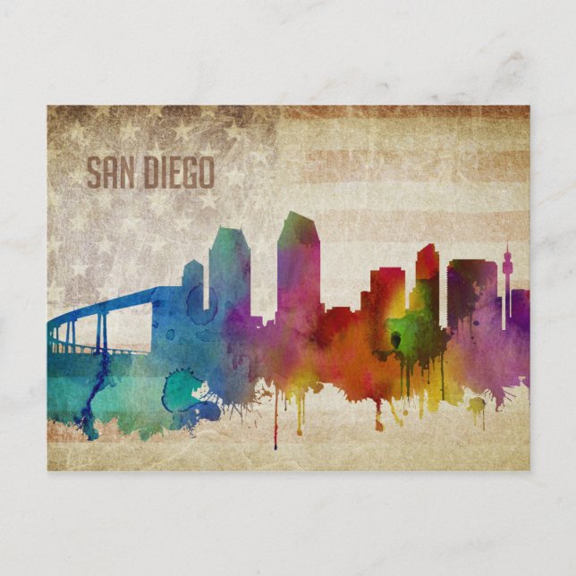 San Diego, CA | Watercolor City Skyline Vykort (Framsida)