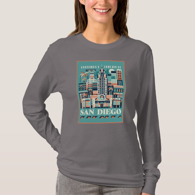 San Diego California Art Deco T Shirt (Framsida)