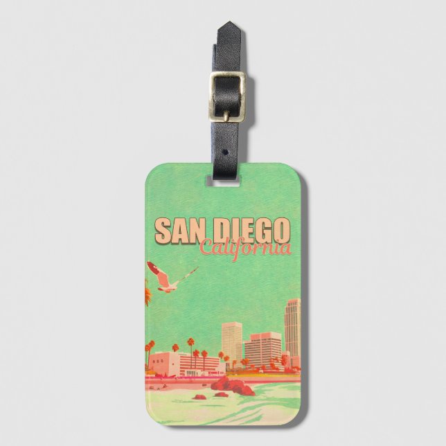 San Diego California Downtown Souvenirs 1950-talet Bagagebricka (Framsida vertikal)