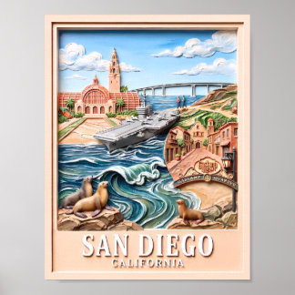 San Diego California Resa 3D Texturerade Landmärke Poster