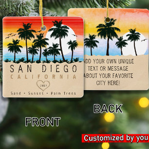 San Diego California Retro Sunset Handflatan träd Julgransprydnad Keramik