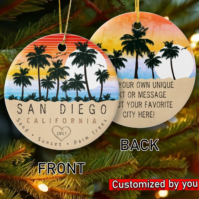 San Diego California Retro Sunset Handflatan träd  Julgransprydnad Keramik (Skapare uppladdad)
