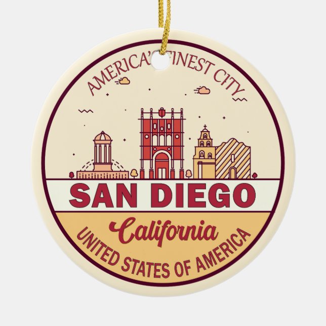 San Diego California Skyline Emblem Julgransprydnad Keramik (Framsidan)
