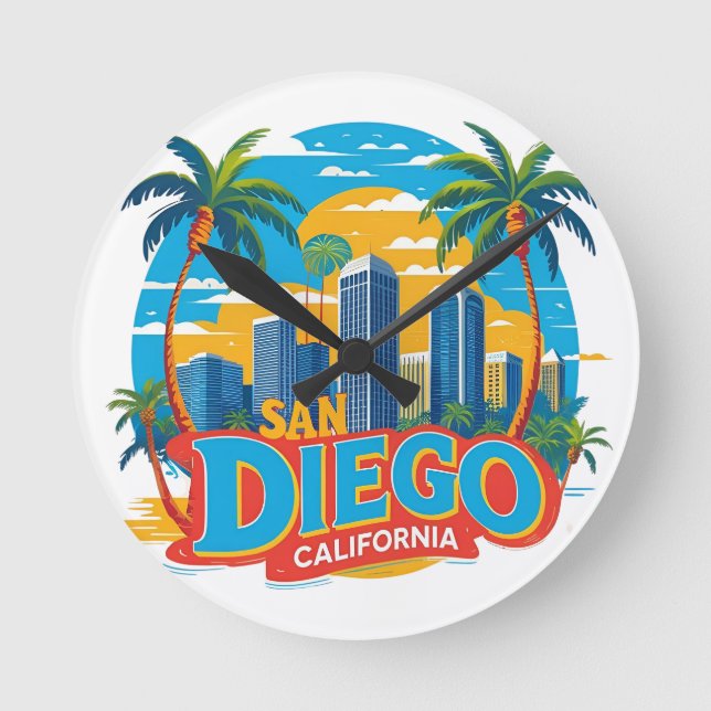 San Diego California Skyline–Modern Cityscape Art Rund Klocka (Framsida)