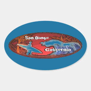 San Diego California surfer vågar art blue dekal Ovalt Klistermärke