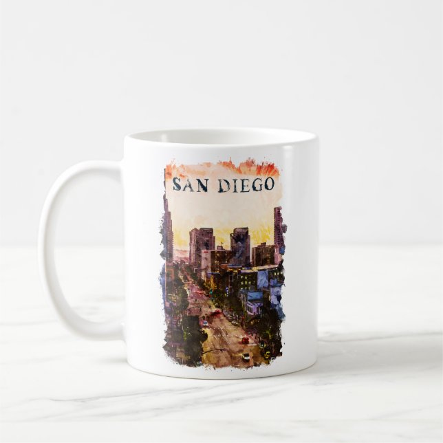San Diego California Watercolor Sunset View Kaffemugg (Vänster)