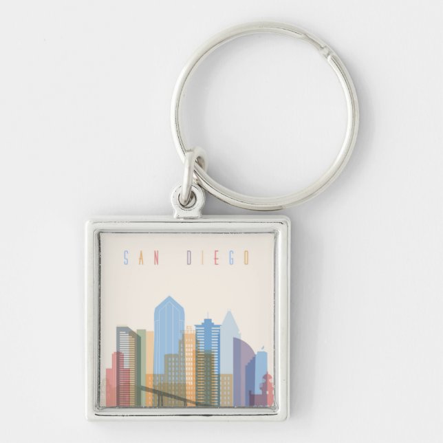 San Diego City Skyline Fyrkantig Silverfärgad Nyckelring (Framsidan)