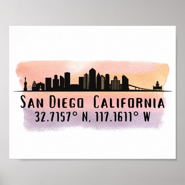San Diego City Skyline Latitude och Longitud Poster (Framsidan)