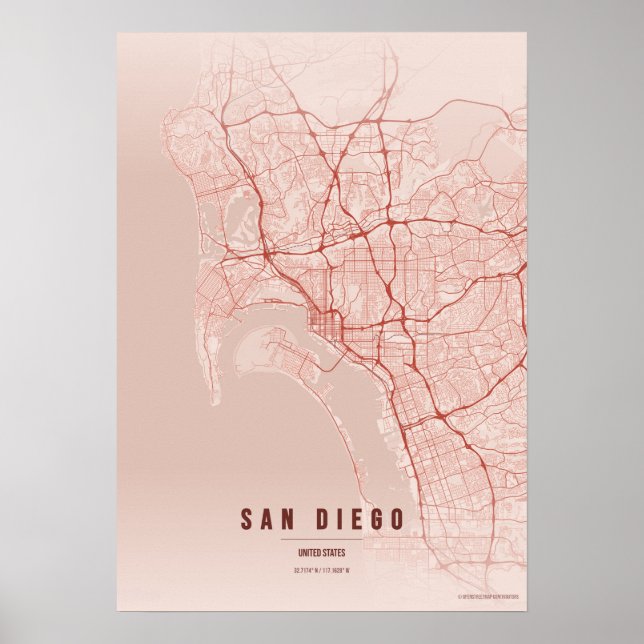 San Diego Coral Map Print Poster Wallart Gift  (Framsidan)