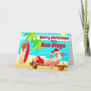 San Diego julen tomte och surfbräda strand Helgkort