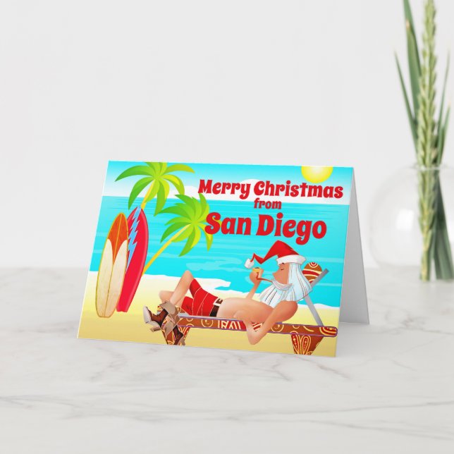 San Diego julen tomte och surfbräda strand Helgkort (Framsida)