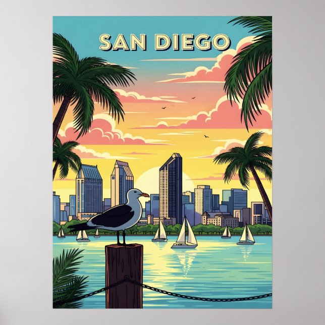 San Diego, Kalifornien skyline med fiskmås Poster (Framsidan)