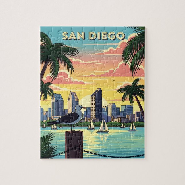 San Diego, Kalifornien skyline med fiskmås Pussel (Vertikal)