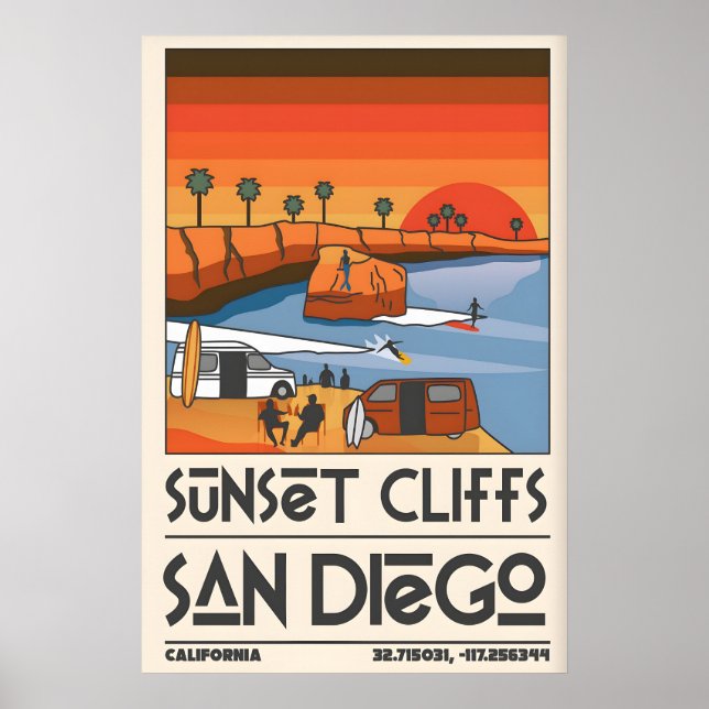 San Diego Resor Affisch Retro Sunset Cliffs Scen (Framsidan)